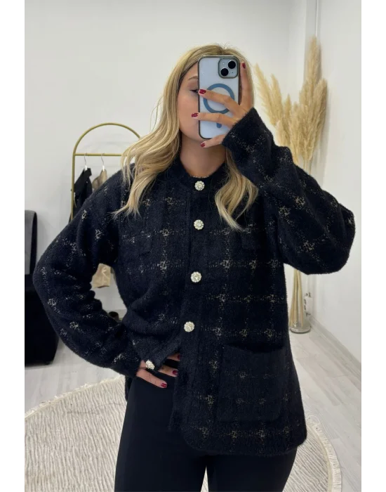 Taş Düğmeli Tüylü Triko Hırka - Siyah