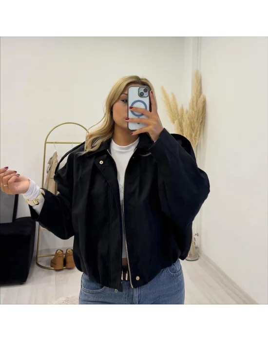 Fermuarlı Oversize Bomber Ceket - Bej/Siyah