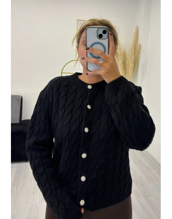 Burgu Desenli Bisiklet Yaka Parlak Düğmeli Hırka