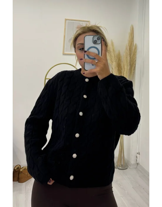 Burgu Desenli Bisiklet Yaka Parlak Düğmeli Hırka