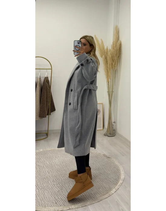 Kruvaze Yaka Kuşaklı Uzun Palto