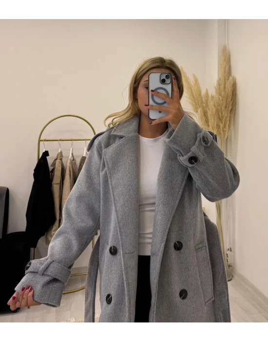 Kruvaze Yaka Kuşaklı Uzun Palto