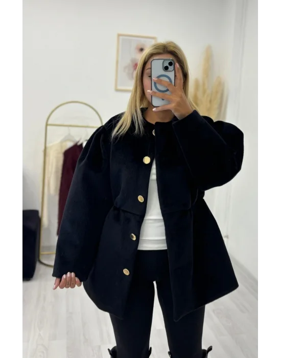 Gold Düğmeli Büzgülü Bel Tüylü Kısa Kaban - Füme/Siyah