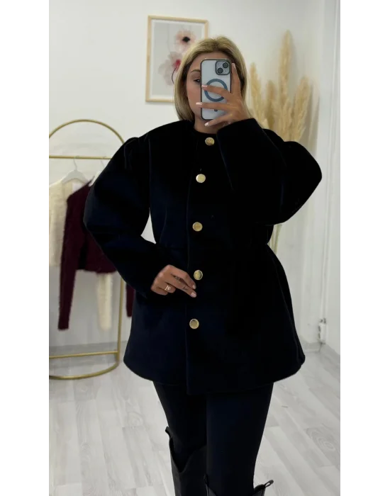 Gold Düğmeli Büzgülü Bel Tüylü Kısa Kaban - Füme/Siyah