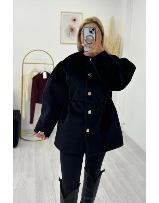 Gold Düğmeli Büzgülü Bel Tüylü Kısa Kaban - Füme/Siyah