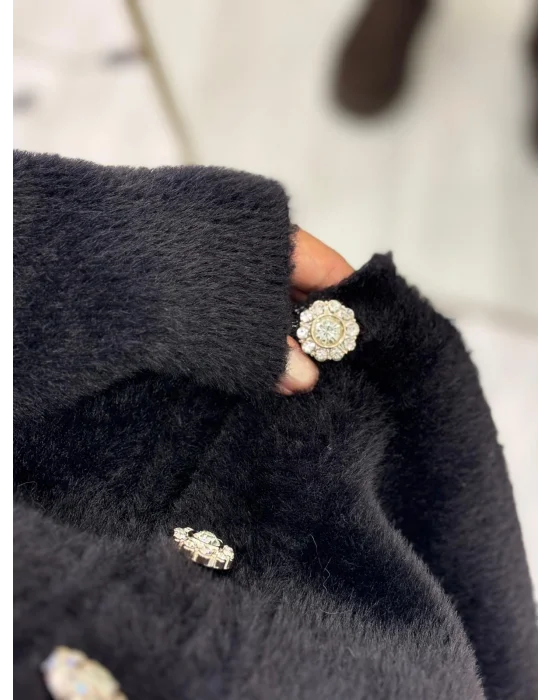 Broş Detaylı Taş Düğmeli Yumuşak Tüylü (Fuzzy) Triko Hırka - Siyah