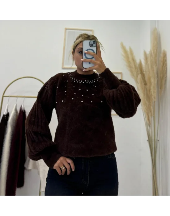 İnci ve Taş İşlemeli Balon Kollu Yumuşak Tüylü (Fuzzy) Triko Kazak Çikolata Kahve