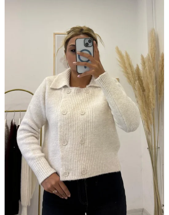 Kruvaze Yakalı Çift Düğmeli Fitilli Örgü Kısa Triko Hırka - Krem/Ekru