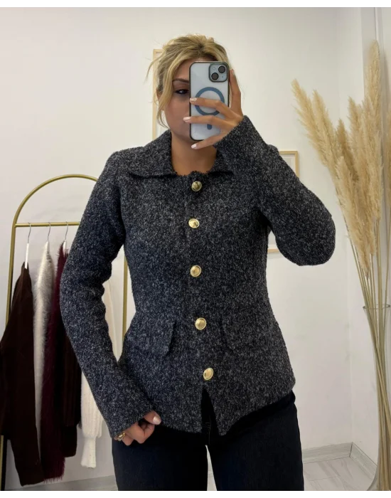 Tüvit (Buklet) Görünümlü Gold Düğmeli Triko Ceket - Antrasit Melanj