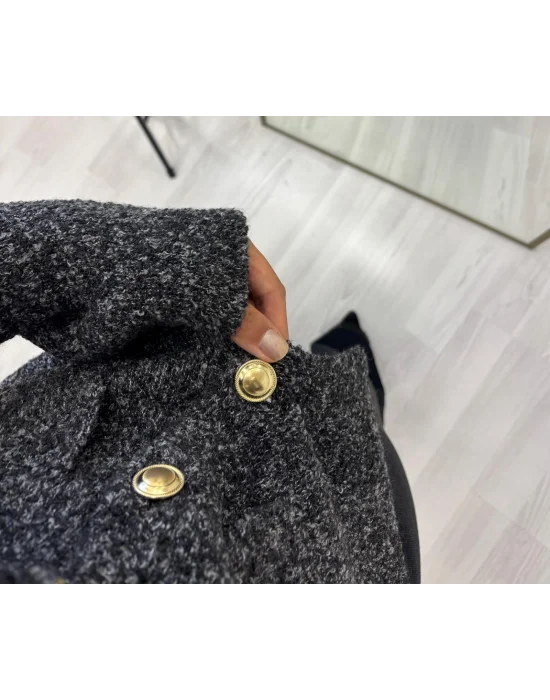 Tüvit (Buklet) Görünümlü Gold Düğmeli Triko Ceket - Antrasit Melanj
