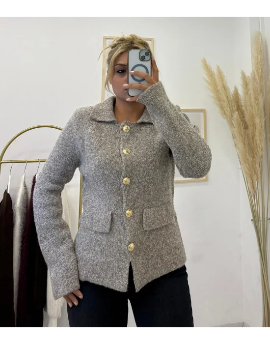 Tüvit (Buklet) Görünümlü Gold Düğmeli Triko Ceket - Açık Bej/Gri Melanj