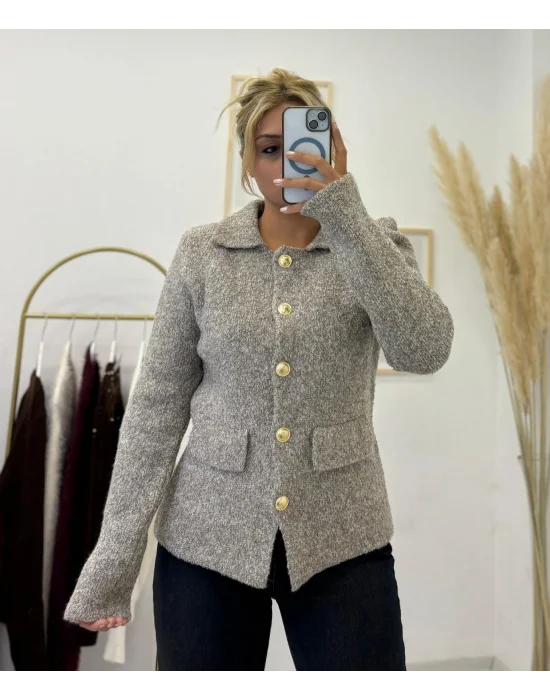 Tüvit (Buklet) Görünümlü Gold Düğmeli Triko Ceket - Açık Bej/Gri Melanj