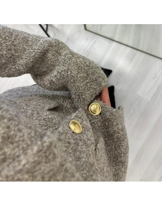 Tüvit (Buklet) Görünümlü Gold Düğmeli Triko Ceket - Açık Bej/Gri Melanj