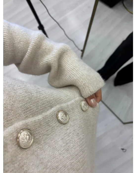 Klasik Kesim Kabartmalı Metal Düğmeli Krem Triko Hırka