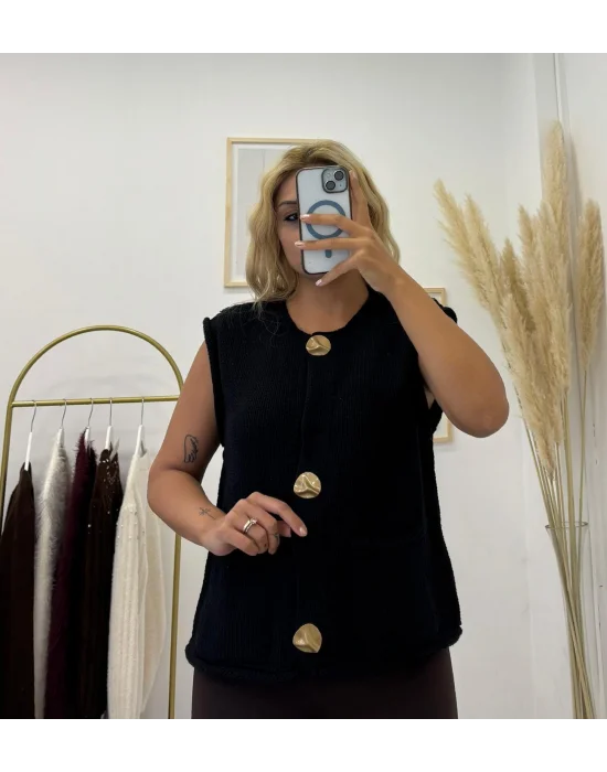Büyük Metal Düğmeli Kolsuz Triko Süveter/Yelek - Siyah