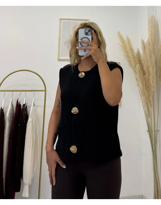 Büyük Metal Düğmeli Kolsuz Triko Süveter/Yelek - Siyah