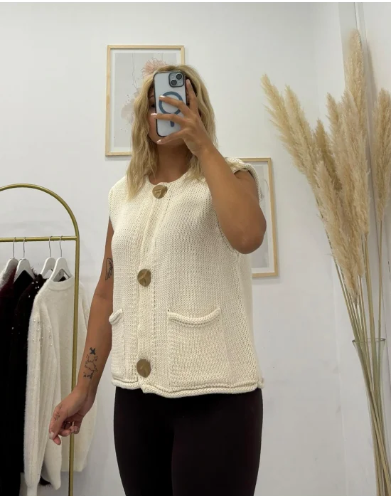 Büyük Metal Düğmeli Kolsuz Triko Süveter/Yelek Krem/Ekru