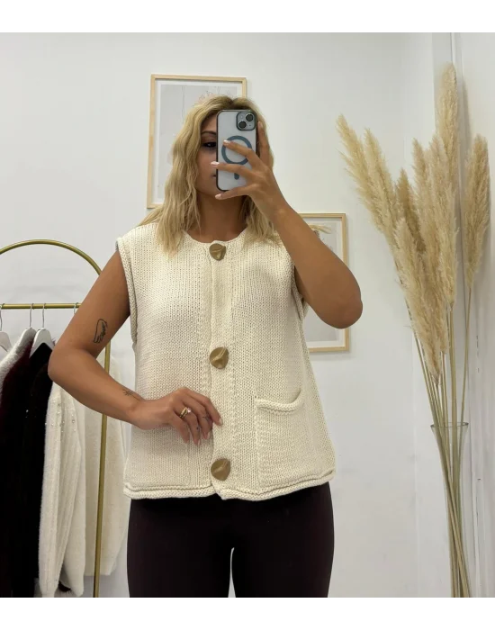 Büyük Metal Düğmeli Kolsuz Triko Süveter/Yelek Krem/Ekru