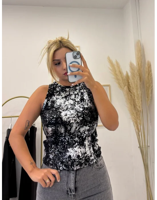 Simli Abstrakt (Soyut) Desenli Kolsuz Bluz/Atlet - Siyah Gümüş