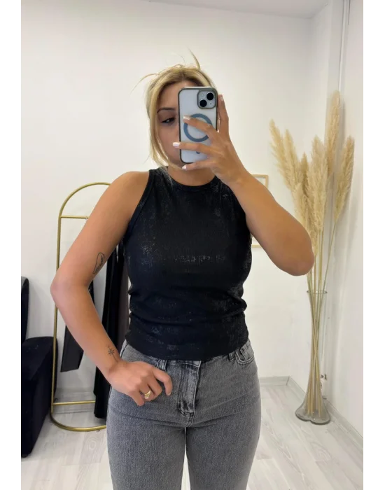 Simli Abstrakt (Soyut) Desenli Kolsuz Bluz/Atlet - Siyah