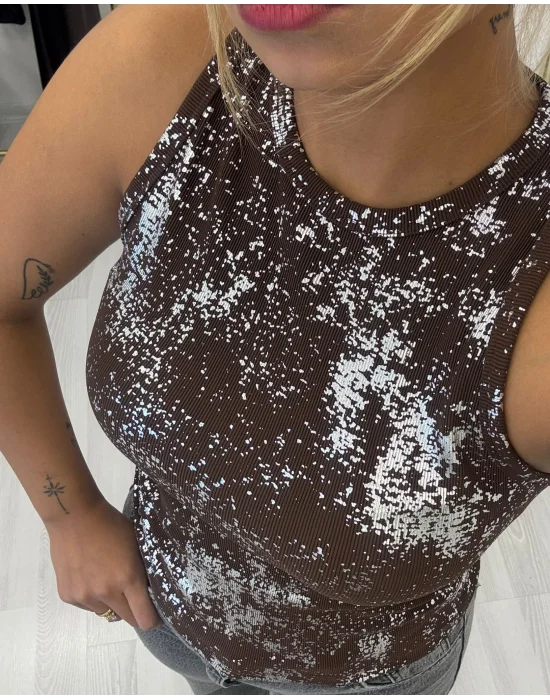 Simli Abstrakt (Soyut) Desenli Kolsuz Bluz/Atlet - Kahverengi Gümüş