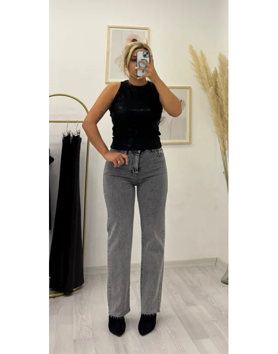 Yüksek Bel Düz Paça Ham Kesimli Gri Jean Pantolon