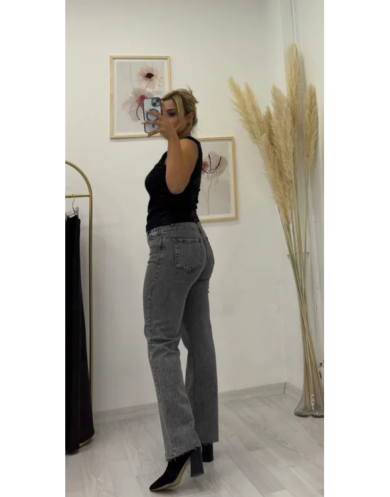 Yüksek Bel Düz Paça Ham Kesimli Gri Jean Pantolon
