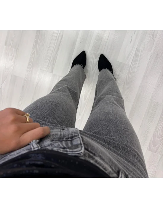 Yüksek Bel Düz Paça Ham Kesimli Gri Jean Pantolon