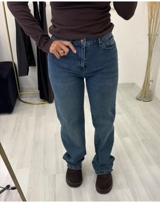 Yüksek Bel Düz Paça Klasik Bitişli Jean Pantolon - Orta Mavi