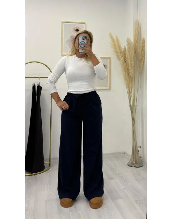 Tok Kumaş Beli İpli Palazzo Pantolon - Lacivert