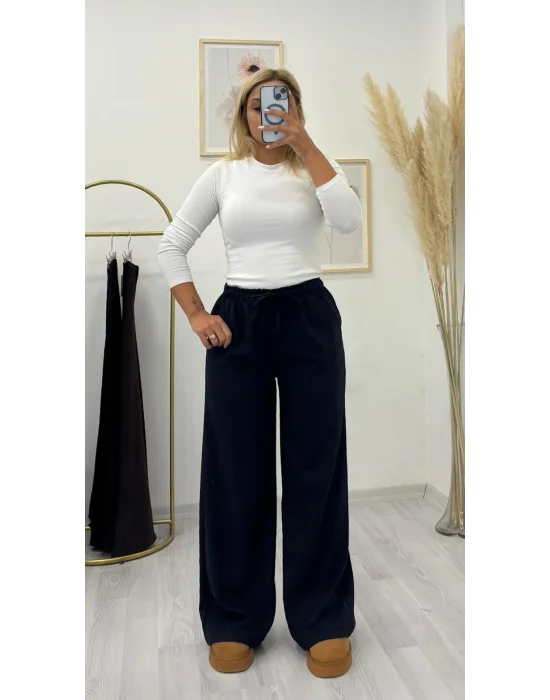 Tok Kumaş Beli İpli Palazzo Pantolon - Lacivert
