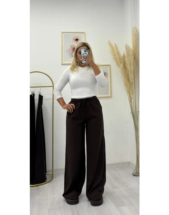 Tok Kumaş Beli İpli Palazzo Pantolon - Kahverengi