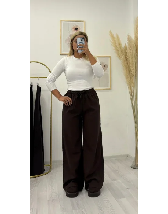 Tok Kumaş Beli İpli Palazzo Pantolon - Kahverengi