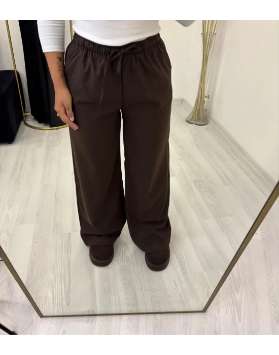 Tok Kumaş Beli İpli Palazzo Pantolon - Kahverengi