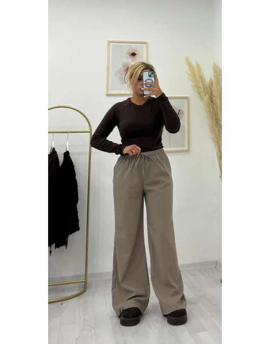 Tok Kumaş Beli İpli Palazzo Pantolon - Açık Kahve/Vizon