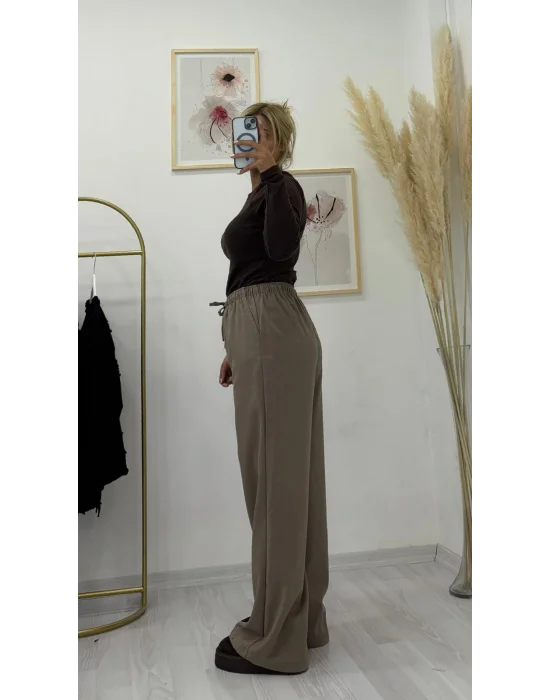 Tok Kumaş Beli İpli Palazzo Pantolon - Açık Kahve/Vizon