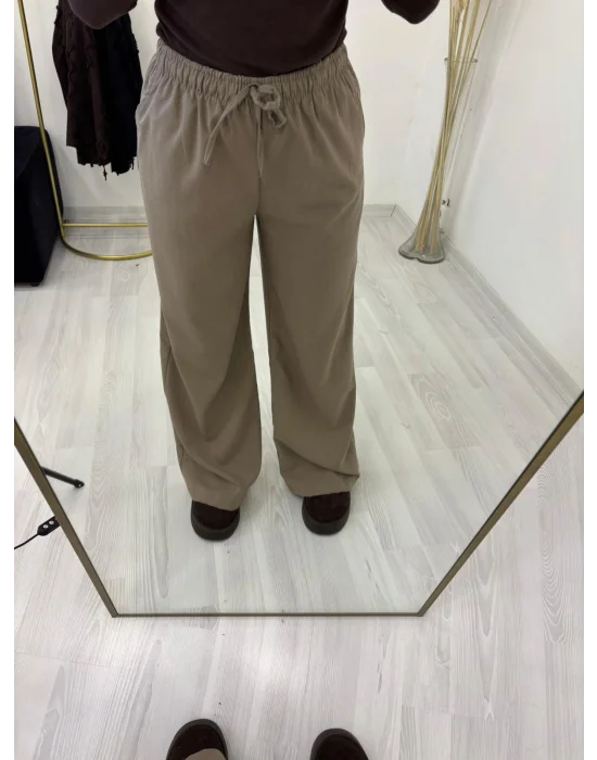 Tok Kumaş Beli İpli Palazzo Pantolon - Açık Kahve/Vizon