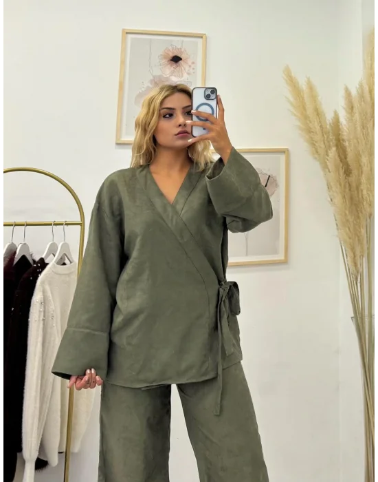 Haki Yeşil Kuşaklı Kimono Üst ve Bol Paça Pantolon Takımı