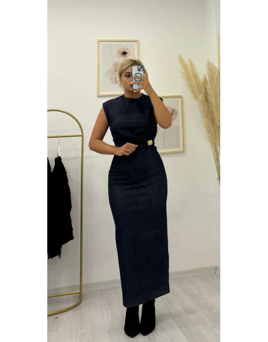 Sıfır Kol Yırtmaçlı Gold Tokalı Denim Elbise