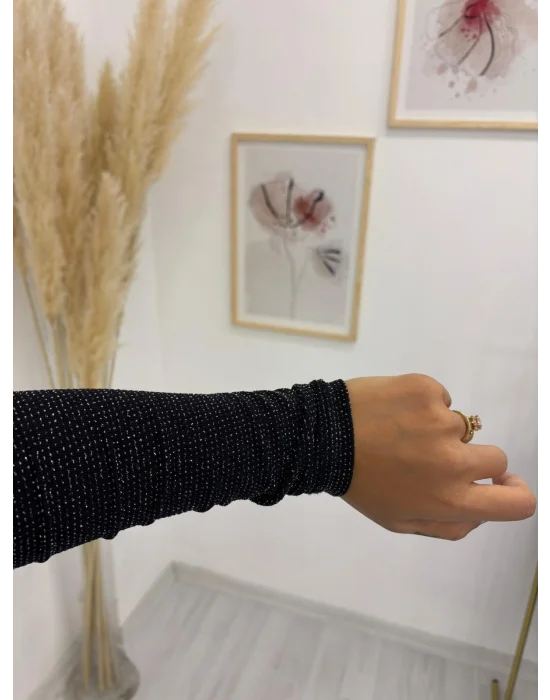 Fit Kesim Işıltılı Siyah Uzun Kollu Mini Palet Elbise
