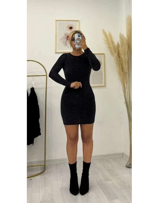 Fit Kesim Işıltılı Siyah Uzun Kollu Mini Palet Elbise