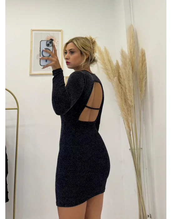 Fit Kesim Işıltılı Siyah Uzun Kollu Mini Palet Elbise