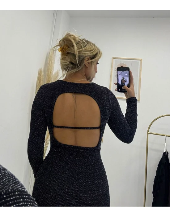 Fit Kesim Işıltılı Siyah Uzun Kollu Mini Palet Elbise