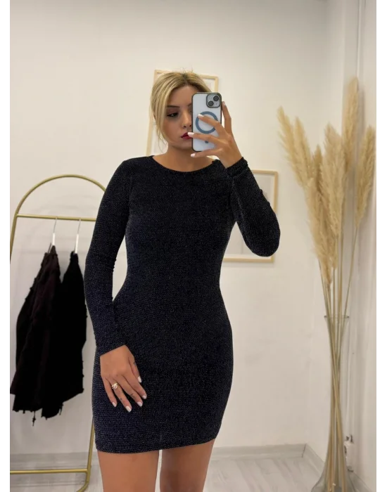 Fit Kesim Işıltılı Siyah Uzun Kollu Mini Palet Elbise