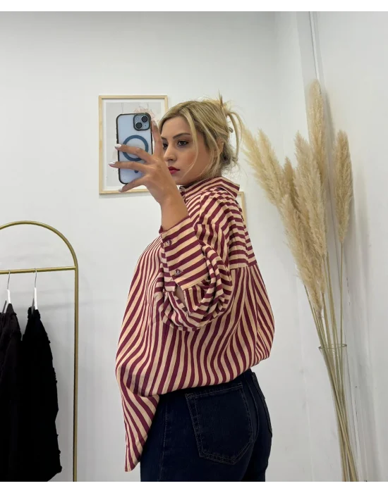 Oversize Dikey Çizgili Poplin Gömlek - Bordo Krem
