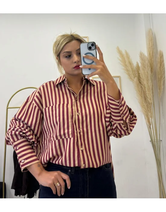 Oversize Dikey Çizgili Poplin Gömlek - Bordo Krem