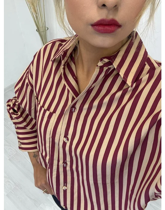 Oversize Dikey Çizgili Poplin Gömlek - Bordo Krem