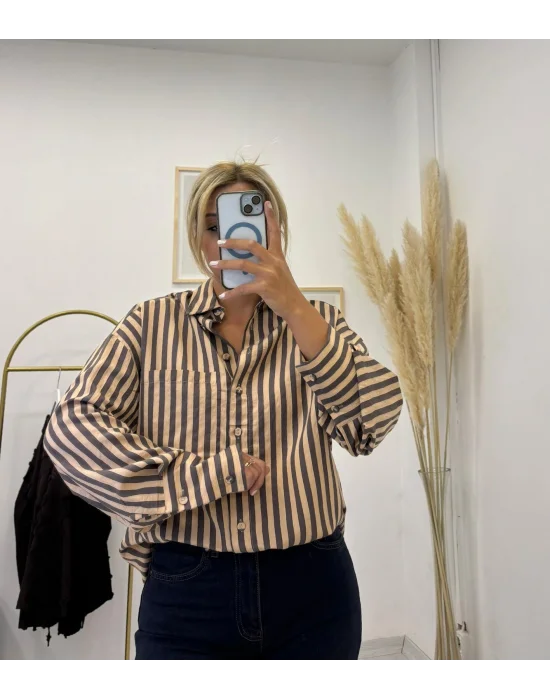 Oversize Dikey Çizgili Poplin Gömlek - Kahve Bej