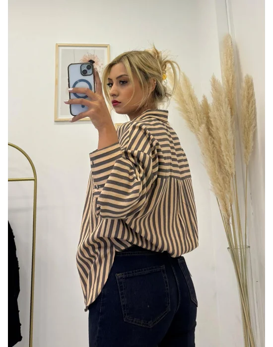 Oversize Dikey Çizgili Poplin Gömlek - Kahve Bej