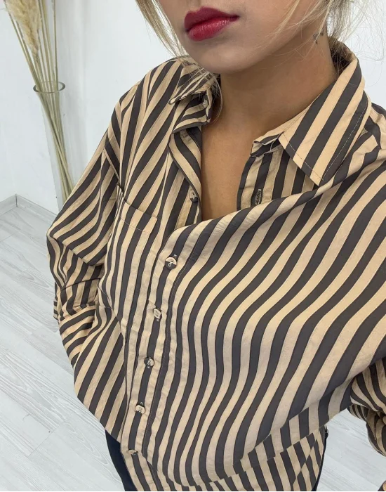 Oversize Dikey Çizgili Poplin Gömlek - Kahve Bej